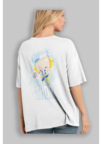 Thor (2) Arka Baskılı Beyaz Oversize T-Shirt Bisiklet Yaka Pamuk Erkek Kadın modelleri