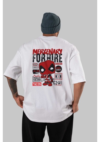 Deadpool (18) Arka Baskılı Beyaz Oversize T-Shirt Bisiklet Yaka Pamuk Erkek Kadın