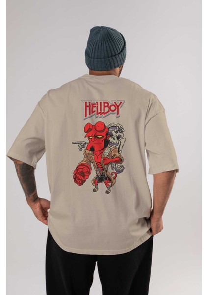 Hellboy (2) Arka Baskılı Bej Oversize T-Shirt Bisiklet Yaka Pamuk Erkek Kadın