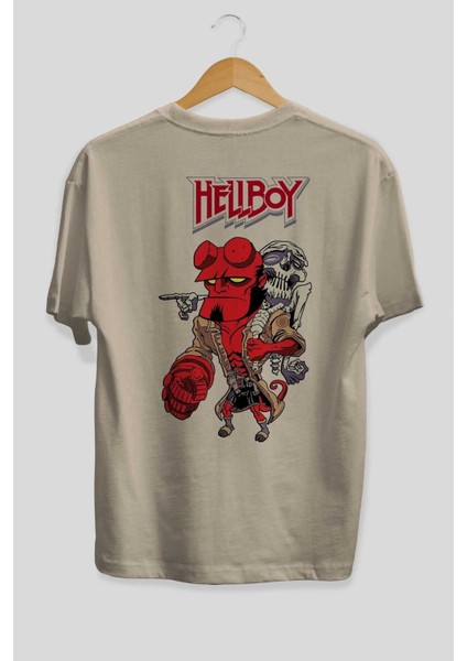 Hellboy (2) Arka Baskılı Bej Oversize T-Shirt Bisiklet Yaka Pamuk Erkek Kadın fiyatları