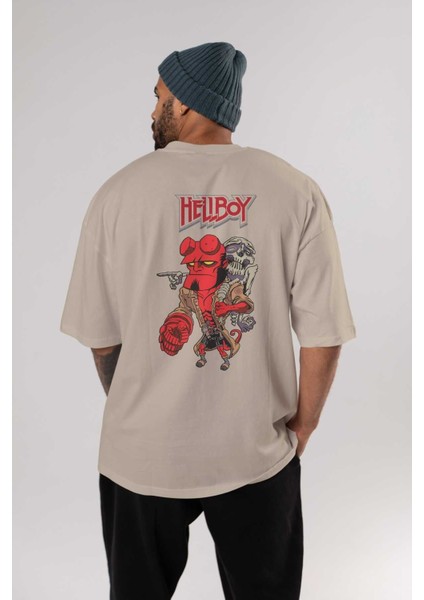 Hellboy (2) Arka Baskılı Bej Oversize T-Shirt Bisiklet Yaka Pamuk Erkek Kadın fırsatları