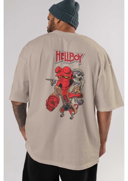 Hellboy (2) Arka Baskılı Bej Oversize T-Shirt Bisiklet Yaka Pamuk Erkek Kadın indirimleri