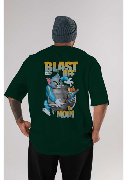 Tom ve Jerry Arka Baskılı Zümrüt Yeşili Oversize T-Shirt Bisiklet Yaka Erkek Kadın