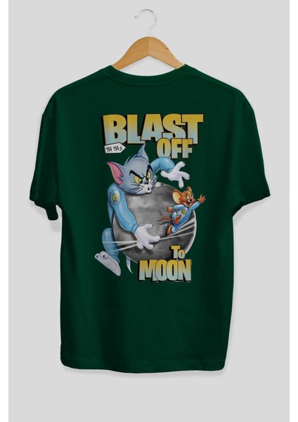 Tom ve Jerry Arka Baskılı Zümrüt Yeşili Oversize T-Shirt Bisiklet Yaka Erkek Kadın fiyatları