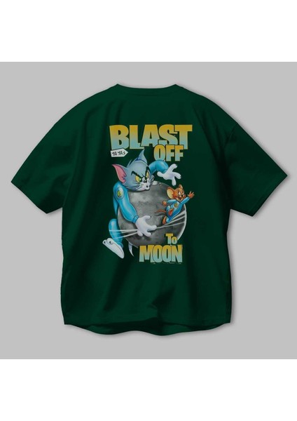 Tom ve Jerry Arka Baskılı Zümrüt Yeşili Oversize T-Shirt Bisiklet Yaka Erkek Kadın modelleri
