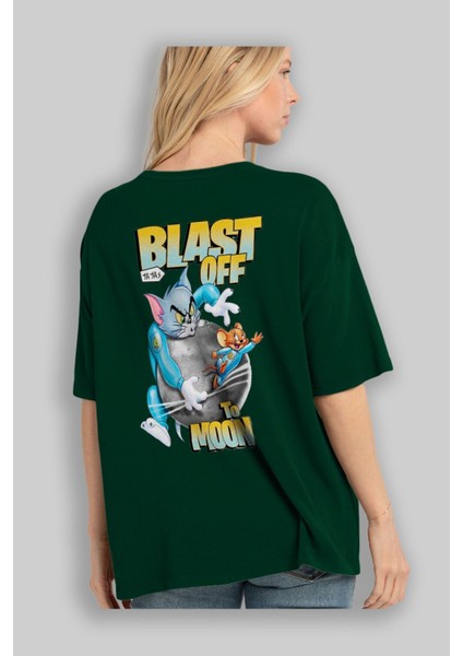 Tom ve Jerry Arka Baskılı Zümrüt Yeşili Oversize T-Shirt Bisiklet Yaka Erkek Kadın fırsatları