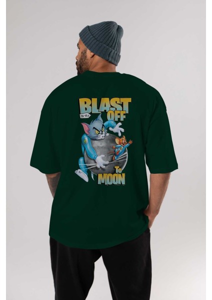 Tom ve Jerry Arka Baskılı Zümrüt Yeşili Oversize T-Shirt Bisiklet Yaka Erkek Kadın indirimleri