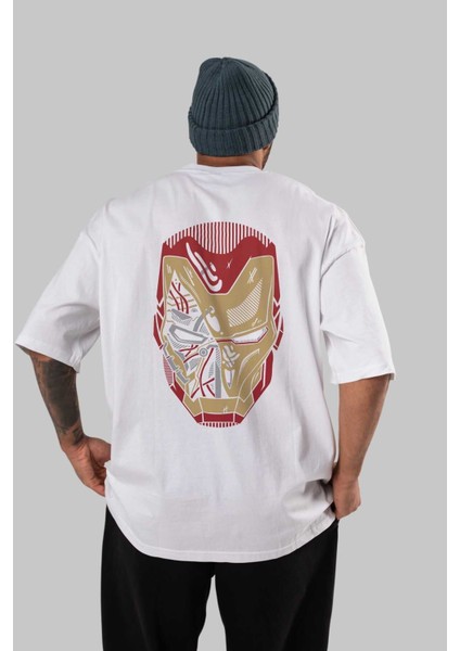 Iron Man (7) Arka Baskılı Beyaz Oversize T-Shirt Bisiklet Yaka Pamuk Erkek Kadın