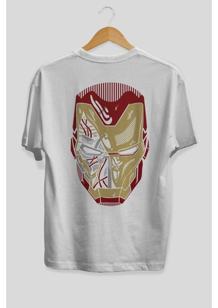 Iron Man (7) Arka Baskılı Beyaz Oversize T-Shirt Bisiklet Yaka Pamuk Erkek Kadın