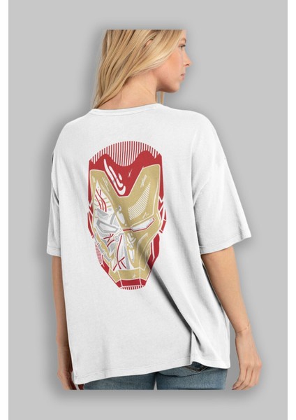 Iron Man (7) Arka Baskılı Beyaz Oversize T-Shirt Bisiklet Yaka Pamuk Erkek Kadın