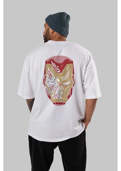 Iron Man (7) Arka Baskılı Beyaz Oversize T-Shirt Bisiklet Yaka Pamuk Erkek Kadın