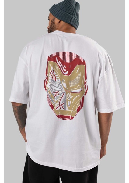 Iron Man (7) Arka Baskılı Beyaz Oversize T-Shirt Bisiklet Yaka Pamuk Erkek Kadın