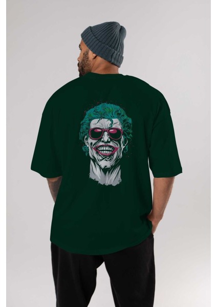Joker 1 Arka Baskılı Zümrüt Yeşili Oversize T-Shirt Bisiklet Yaka Erkek Kadın indirimleri