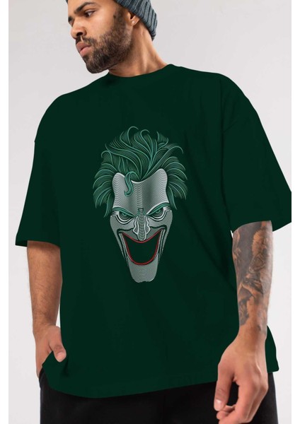 Joker (1) Ön Baskılı Zümrüt Yeşili Oversize T-Shirt Bisiklet Yaka Pamuk Erkek Kadın modelleri