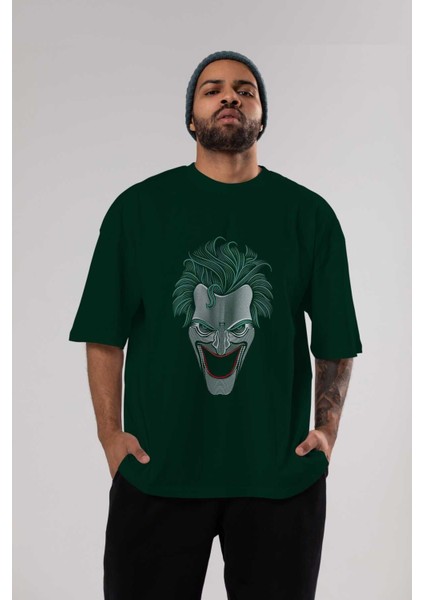 Joker (1) Ön Baskılı Zümrüt Yeşili Oversize T-Shirt Bisiklet Yaka Pamuk Erkek Kadın indirimleri