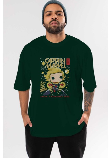 Captain Marvel Ön Baskılı Zümrüt Yeşili Oversize T-Shirt Bisiklet Yaka Pamuk Erkek Kadın