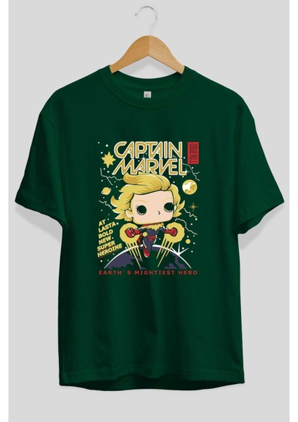 Captain Marvel Ön Baskılı Zümrüt Yeşili Oversize T-Shirt Bisiklet Yaka Pamuk Erkek Kadın fiyatları