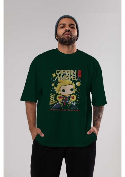 Captain Marvel Ön Baskılı Zümrüt Yeşili Oversize T-Shirt Bisiklet Yaka Pamuk Erkek Kadın indirimleri