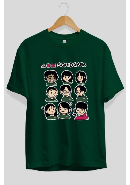 Squid Game (3) Ön Baskılı Zümrüt Yeşili Oversize T-Shirt Bisiklet Yaka Pamuk Erkek Kadın