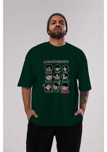 Squid Game (3) Ön Baskılı Zümrüt Yeşili Oversize T-Shirt Bisiklet Yaka Pamuk Erkek Kadın