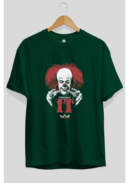 It Ön Baskılı Zümrüt Yeşili Oversize T-Shirt Bisiklet Yaka Pamuk Erkek Kadın fiyatları