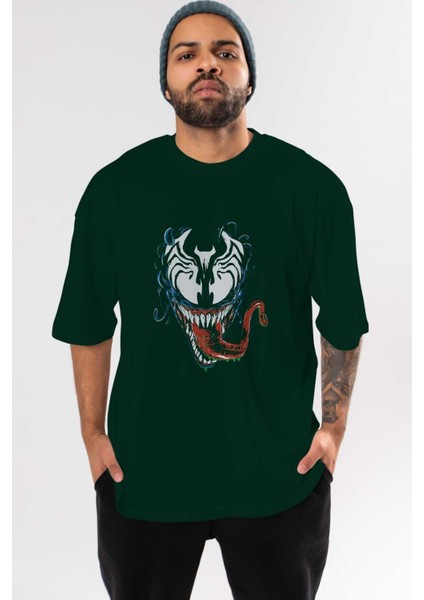 Venom (2) Ön Baskılı Zümrüt Yeşili Oversize T-Shirt Bisiklet Yaka Pamuk Erkek Kadın