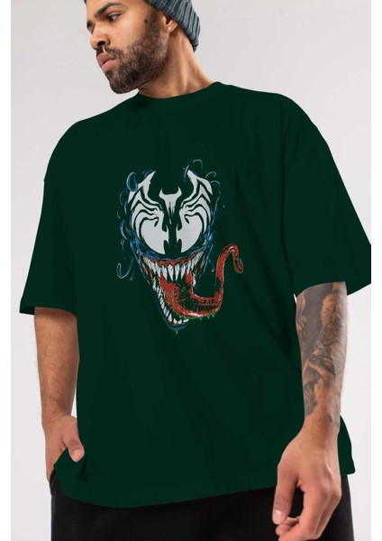 Venom (2) Ön Baskılı Zümrüt Yeşili Oversize T-Shirt Bisiklet Yaka Pamuk Erkek Kadın modelleri