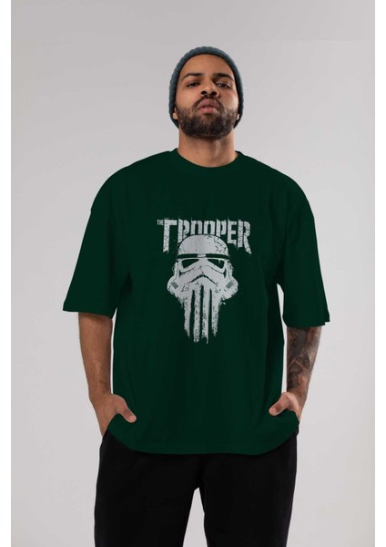 The Trooper Ön Baskılı Zümrüt Yeşili Oversize T-Shirt Bisiklet Yaka Pamuk Erkek Kadın indirimleri