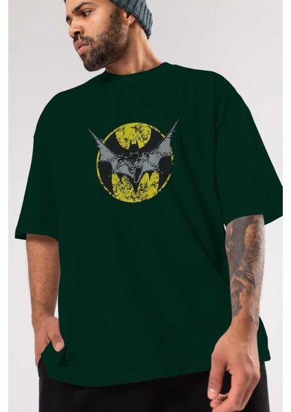 Batman 5 Ön Baskılı Zümrüt Yeşili Oversize T-Shirt Bisiklet Yaka Pamuk Erkek Kadın modelleri