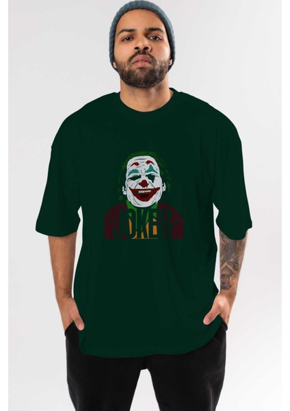 Joker (10) Ön Baskılı Zümrüt Yeşili Oversize T-Shirt Bisiklet Yaka Pamuk Erkek Kadın