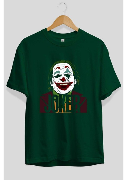 Joker (10) Ön Baskılı Zümrüt Yeşili Oversize T-Shirt Bisiklet Yaka Pamuk Erkek Kadın