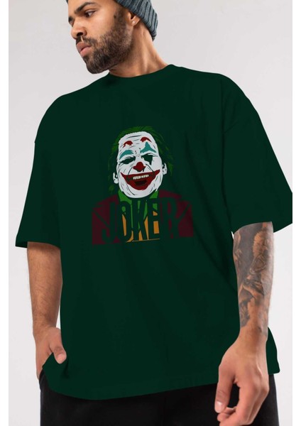 Joker (10) Ön Baskılı Zümrüt Yeşili Oversize T-Shirt Bisiklet Yaka Pamuk Erkek Kadın