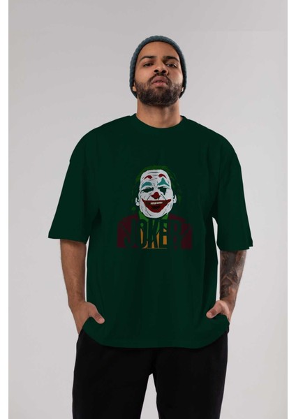 Joker (10) Ön Baskılı Zümrüt Yeşili Oversize T-Shirt Bisiklet Yaka Pamuk Erkek Kadın