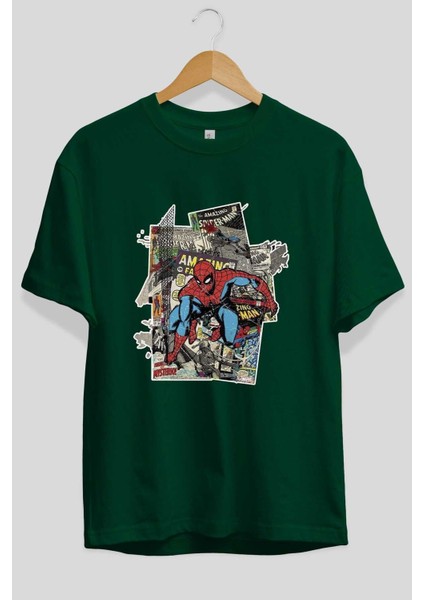 Spiderman Ön Baskılı Zümrüt Yeşili Oversize T-Shirt Bisiklet Yaka Pamuk Erkek Kadın