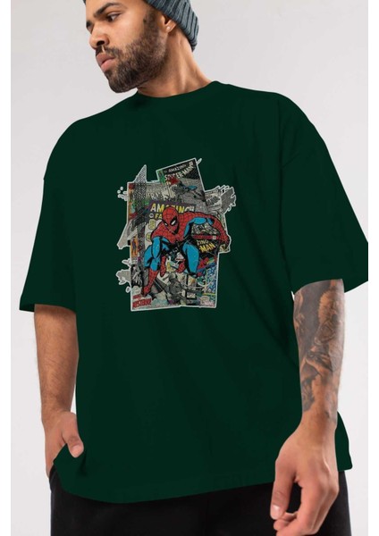 Spiderman Ön Baskılı Zümrüt Yeşili Oversize T-Shirt Bisiklet Yaka Pamuk Erkek Kadın
