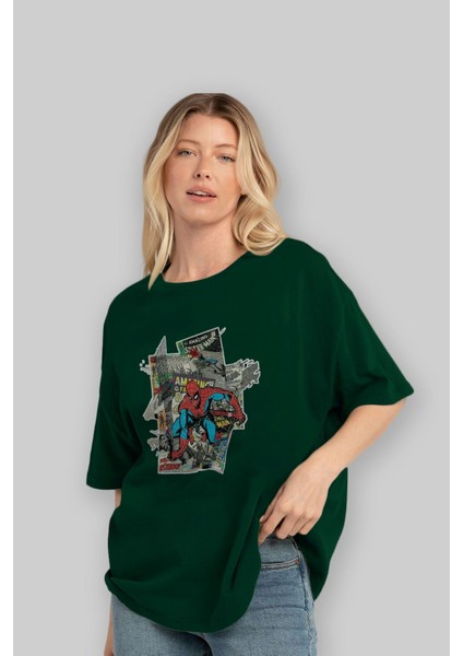 Spiderman Ön Baskılı Zümrüt Yeşili Oversize T-Shirt Bisiklet Yaka Pamuk Erkek Kadın
