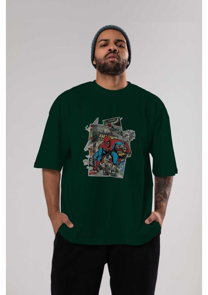 Spiderman Ön Baskılı Zümrüt Yeşili Oversize T-Shirt Bisiklet Yaka Pamuk Erkek Kadın