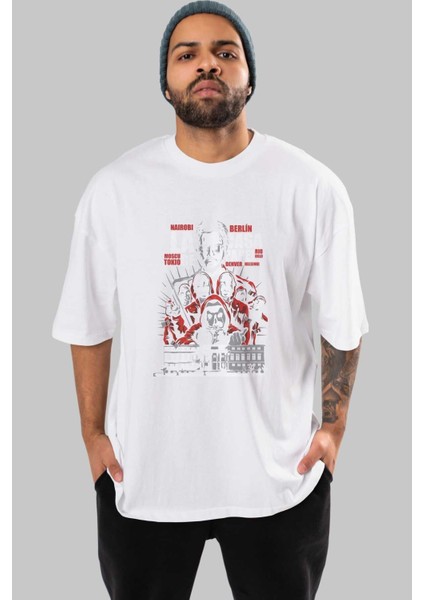 La Casa De Papel (2) Ön Baskılı Beyaz Oversize T-Shirt Bisiklet Yaka Erkek Kadın