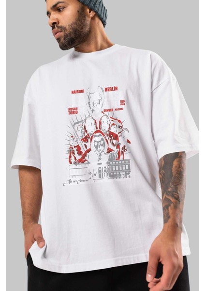 La Casa De Papel (2) Ön Baskılı Beyaz Oversize T-Shirt Bisiklet Yaka Erkek Kadın modelleri
