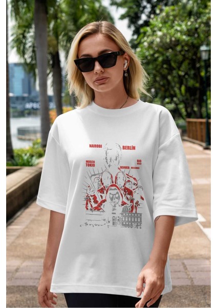 La Casa De Papel (2) Ön Baskılı Beyaz Oversize T-Shirt Bisiklet Yaka Erkek Kadın indirimleri