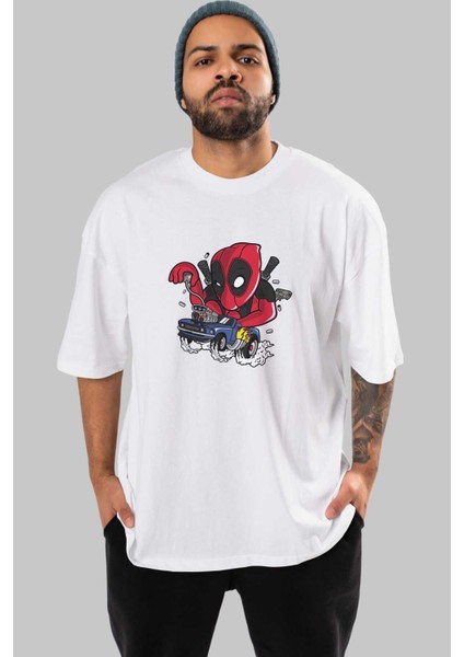 Deadpool (21) Ön Baskılı Beyaz Oversize T-Shirt Bisiklet Yaka Erkek Kadın