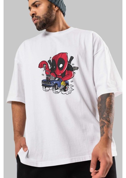 Deadpool (21) Ön Baskılı Beyaz Oversize T-Shirt Bisiklet Yaka Erkek Kadın modelleri