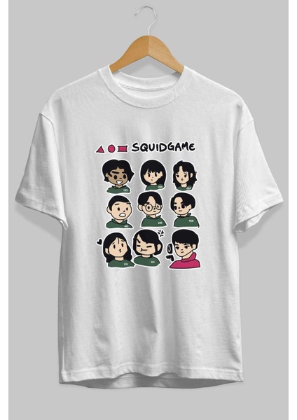 Squid Game (3) Ön Baskılı Beyaz Oversize T-Shirt Bisiklet Yaka Erkek Kadın fiyatları