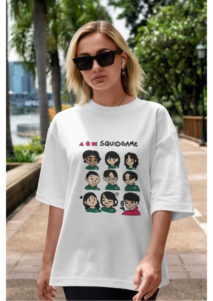 Squid Game (3) Ön Baskılı Beyaz Oversize T-Shirt Bisiklet Yaka Erkek Kadın indirimleri