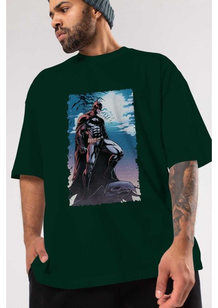 Batman (13) Ön Baskılı Zümrüt Yeşili Oversize T-Shirt Bisiklet Yaka Pamuk Erkek Kadın modelleri