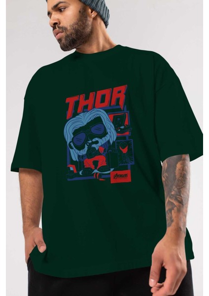 Thor Ön Baskılı Zümrüt Yeşili Oversize T-Shirt Bisiklet Yaka Pamuk Erkek Kadın modelleri