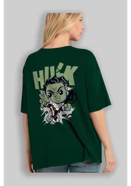 Hulk (8) Arka Baskılı Zümrüt Yeşili Oversize T-Shirt Bisiklet Yaka Erkek Kadın fırsatları
