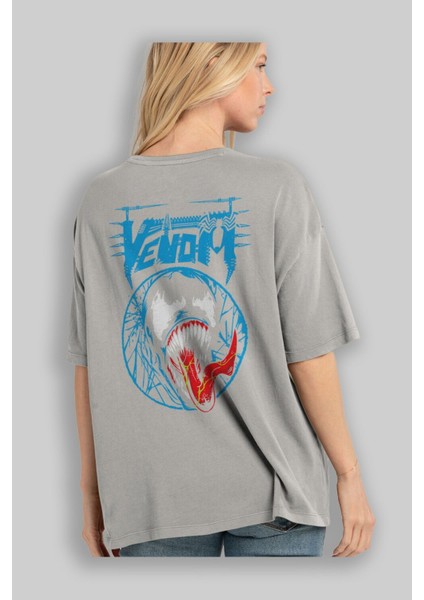 Venom (23) Arka Baskılı Gri Oversize T-Shirt Bisiklet Yaka Pamuk Erkek Kadın modelleri