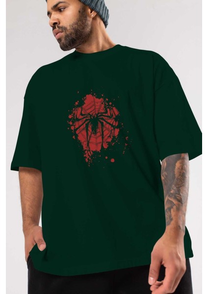 Spiderman (10) Ön Baskılı Zümrüt Yeşili Oversize T-Shirt Bisiklet Yaka Pamuk Erkek Kadın