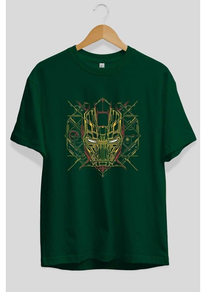 Iron Man 1 Ön Baskılı Zümrüt Yeşili Oversize T-Shirt Bisiklet Yaka Pamuk Erkek Kadın
